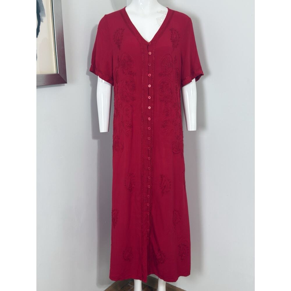 Vintage 90s Phases Red Rayon Maxi Dress L Embroidered Whimsigoth Boho Grunge